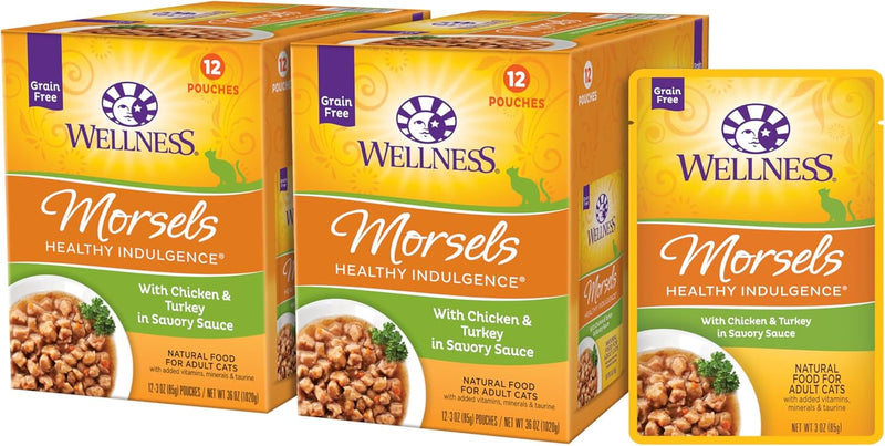 Healthy Indulgence Morsels Adult Wet Cat Food, Natural, Protein Rich, Grain Free, Chicken and Turkey Recipe, 3 Oz, Pack of 24 Pouches