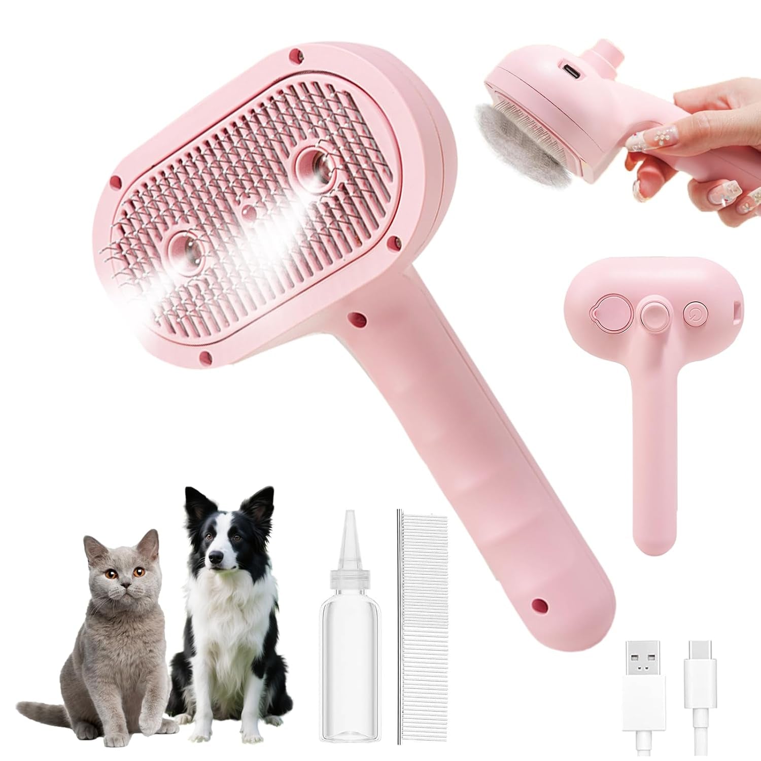 Cat Steam Brush with Release Button, 3-In-1 Steam Grooming Brush for Shedding