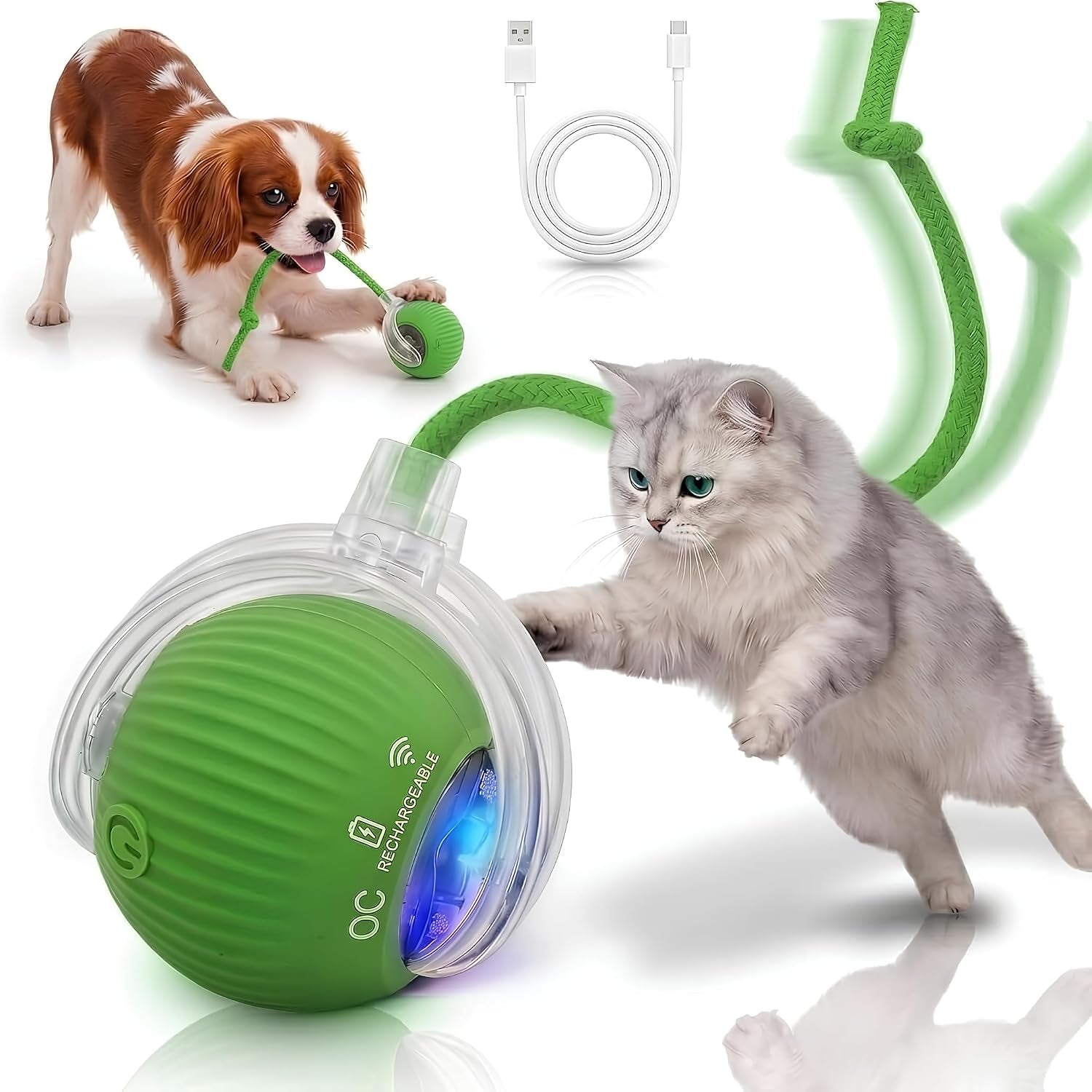 Interactive Cat Toy Automatic Moving Ball, Indoor Cats, Rechargeable, Green