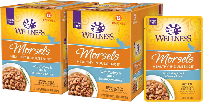 Healthy Indulgence Morsels Adult Wet Cat Food, Natural, Protein Rich, Grain Free, Turkey and Duck Recipe, 3 Oz, Pack of 24 Pouches