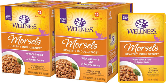 Healthy Indulgence Morsels Adult Wet Cat Food, Natural, Protein Rich, Grain Free, Salmon and Tuna Recipe, 3 Oz, Pack of 24 Pouches