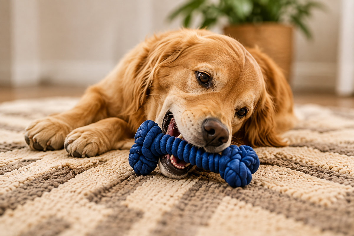 Dog playing with chew toy
