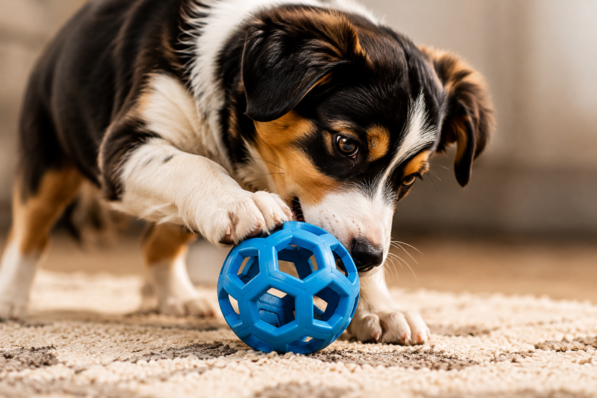 Dog playing with interactive toy