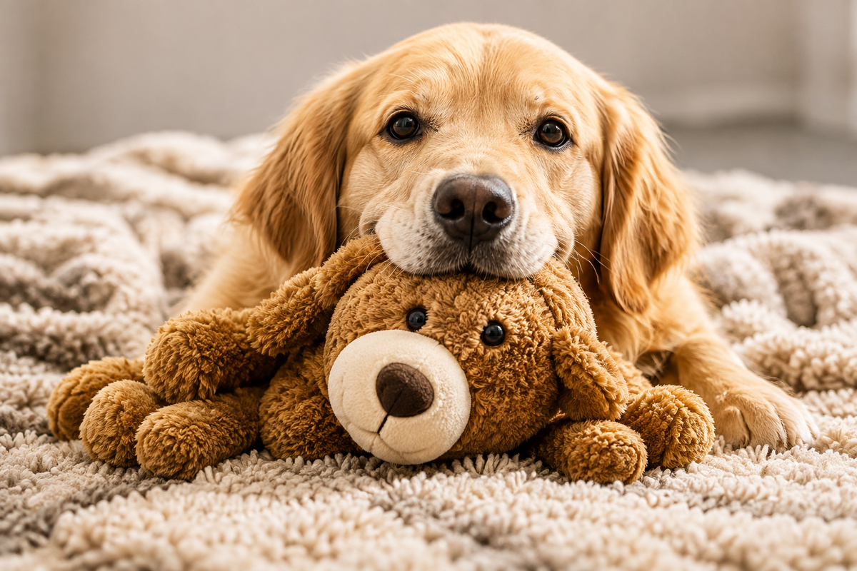 Dog with plush toy