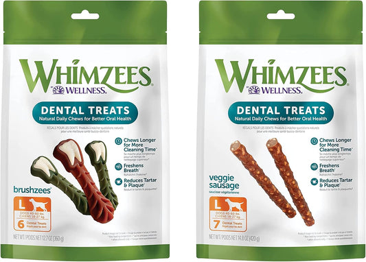 Brushzees Dental Chews for Dogs (Large) and Veggie Sausage Dental Chews for Dogs (Large)